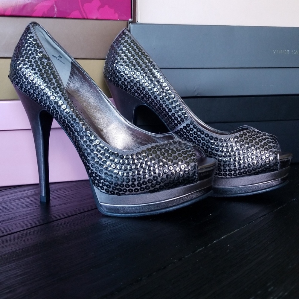 Lulu Townsend Pewter Sequin Platforms